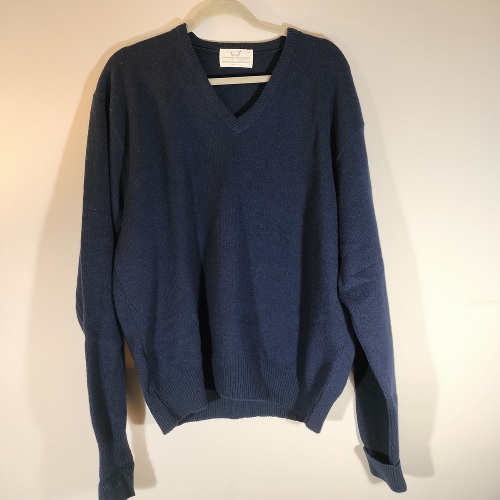 Vintage LORD JEFF Men's Navy Blue‎ V-Neck Pullover Sweater 100% Lambswool